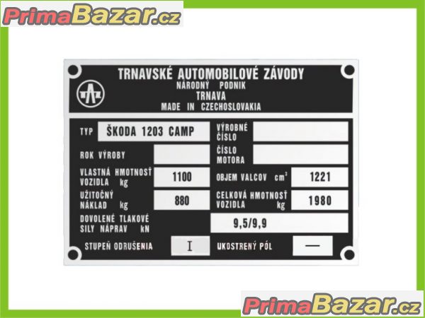 ŠKODA 1203 TAZ 1980 - výrobní štítek