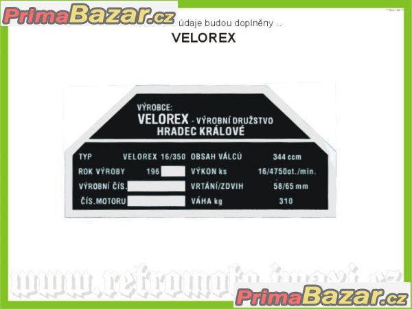 VELOREX - výrobní štítek