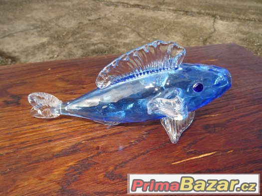Krásná stará malá modrá skleněná ryba - 22 cm