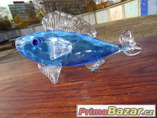 Krásná stará malá modrá skleněná ryba - 22 cm