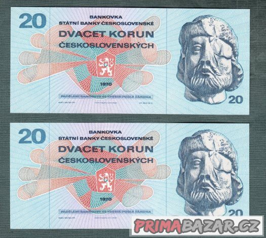 Staré bankovky - 20 kčs 1970 DVĚ PO SOBĚ , bezvadný stav UNC