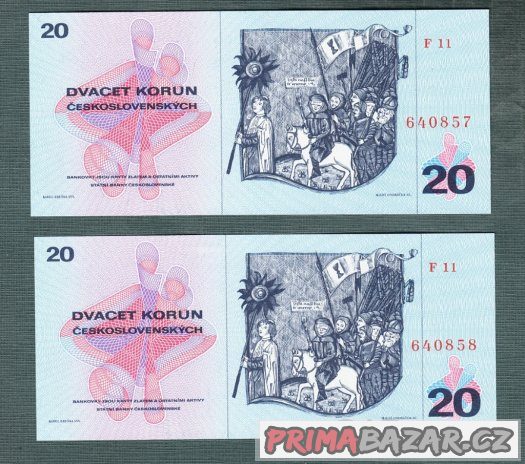 Staré bankovky - 20 kčs 1970 DVĚ PO SOBĚ , bezvadný stav UNC Staré bankovky - 20 kčs 1970 DVĚ PO SOBĚ , bezvadný stav UNC