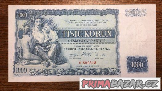 Staré bankovky - 1000 korun 1934 VZÁCNÁ - JINÁ BARVA