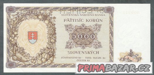 Staré bankovky Slovensko 5000 sk 1944 , skoro bezvadný stav