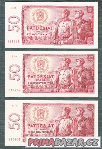 Staré bankovky - 50 kčs 1964 bezvadný stav UNC - 3kusy