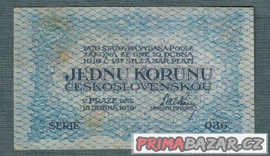 Staré bankovky - 1 koruna 1919 pěkný stav,