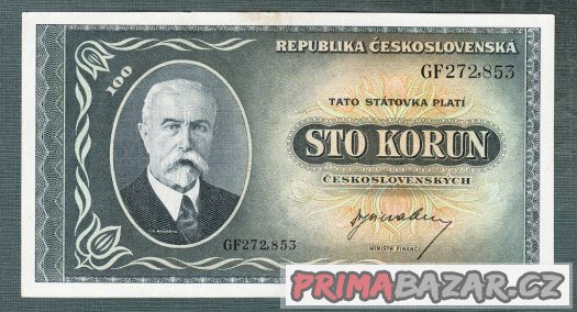 Staré bankovky - 100 kčs 1945 Masaryk , pěkný stav