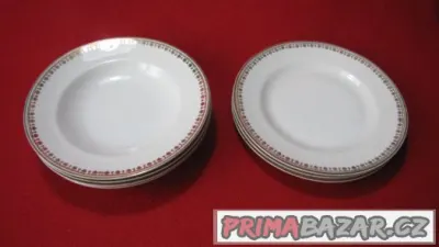 Talíře: 3 páry (3 hl. + 3 plyt.), bílé s decent. zlaceným ok