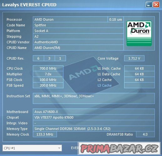 AMD Duron 700 MHz Spitfire D700AUT1B sc.462 FUNKČNÍ