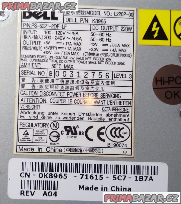 Orig. PC zdroj DELL L220P-00 - 220 W. Orig. PC zdroj DELL L220P-00 - 220 W.