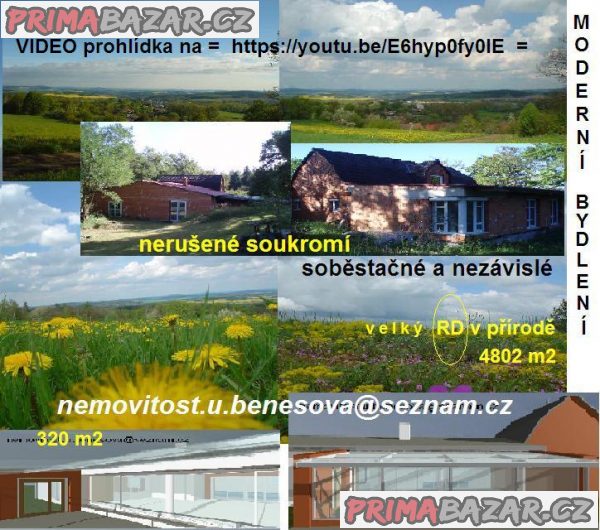 RD(novostavba) nedaleko Prahy v přírodě,pozemek4802m2,RD320m2+bus,vlak,D3,bazén,krb.vlož.