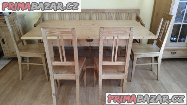 Starožitný stůl + lavice + židle. Starožitný stůl + lavice + židle.
