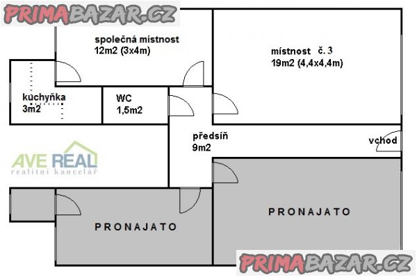 Pronájem kanceláře (19m2) + spol. místnost (12m2) + kuchyňka + soc. zař., Praha 10 (Hostivař)