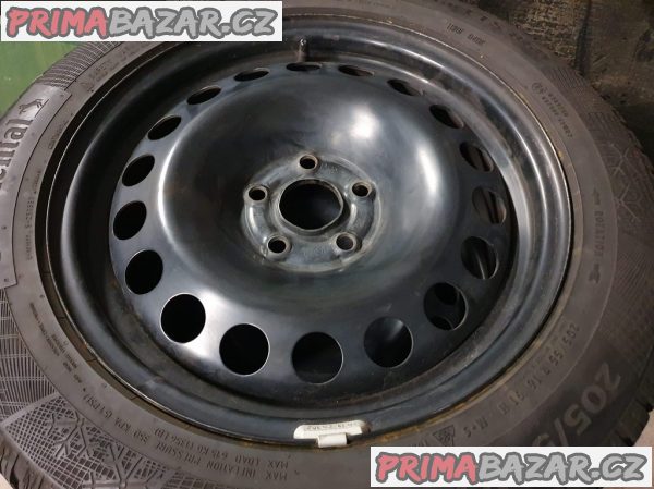 Plechove disky orig. Opel 2160163 5x105 6.5jx16 is41 pneu continental 205/55 r16 91h 98% vzorek zimní  cena je za všechny 4 disky i s p