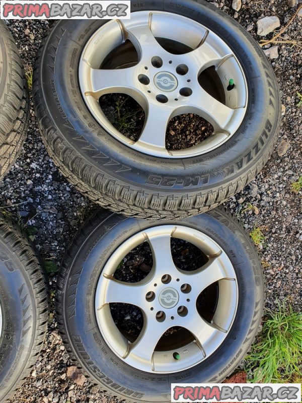 Alu kola Opel Alfa 5x110 6.5jx15 et38 pneu Bridgestone 195/65 r15 91t 90% vzorek zimní  6,5x15 cena je za kompletní sadu 4 d