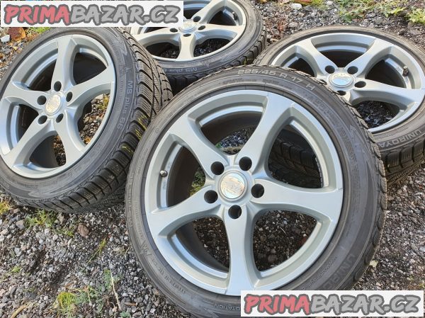 Alu kola v top stavu 5x120 germany 8jx17 et20 pneu uniroyal 225/45 r17 91h stredova dira 74.1 stredici kroužky na 72.6 pneu 80% vzorek zimní 8x17  cena je za kompletní sadu 4 disk