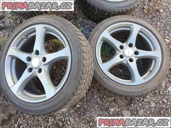 Alu kola v top stavu 5x120 germany 8jx17 et20 pneu uniroyal 225/45 r17 91h stredova dira 74.1 stredici kroužky na 72.6 pneu 80% vzorek zimní 8x17  cena je za kompletní sadu 4 disk