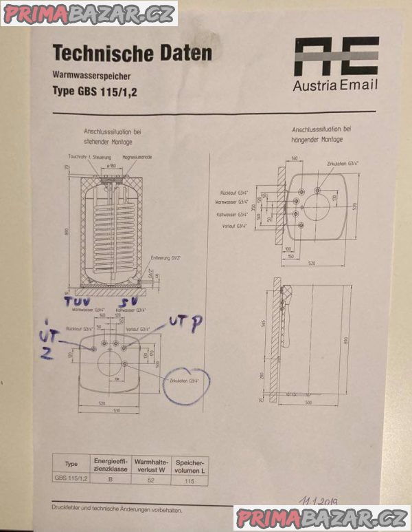 Ohřívač vody nepřímotopný GBS 115 / 1,2 - 115l -zakoupeno 11.1.2019.