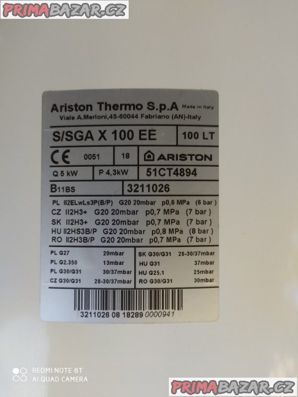Plynový zásobníkový ohřívač ARISTON S/SGA X 100 EE