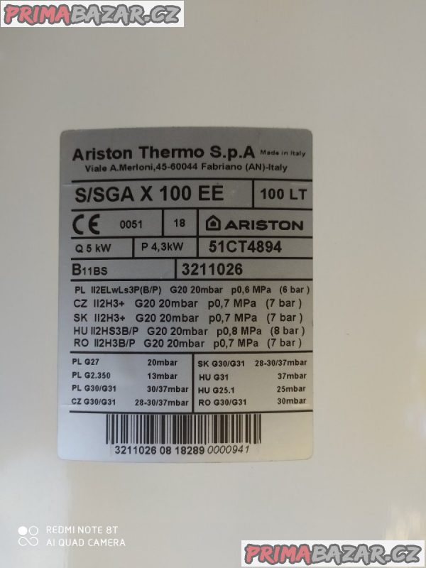 Plynový zásobníkový ohřívač ARISTON S/SGA X 100 EE Plynový zásobníkový ohřívač ARISTON S/SGA X 100 EE