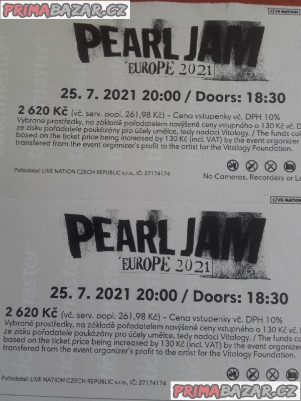 Vstupenky Pearl Jam 22. 7. 2022  - sektor 112 nebo stání