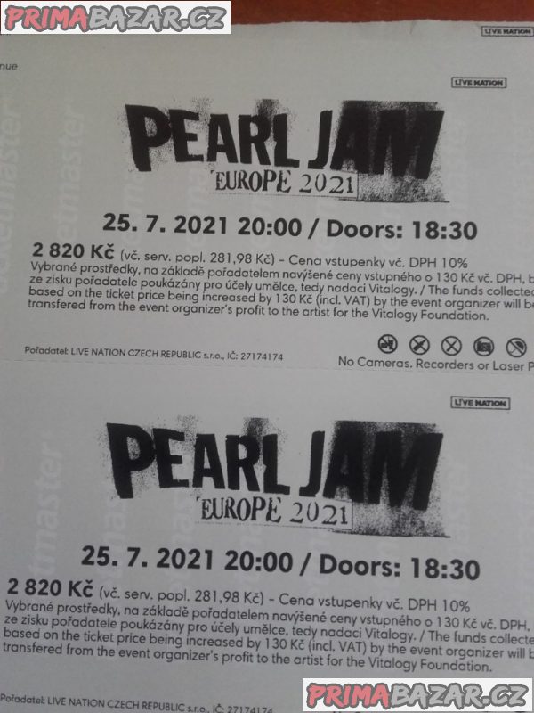 Vstupenky Pearl Jam 22. 7. 2022  - sektor 112 nebo stání