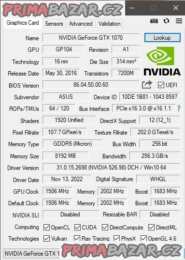Grafická karta ASUS Turbo GeForce GTX 1070 8GB GDDR5
