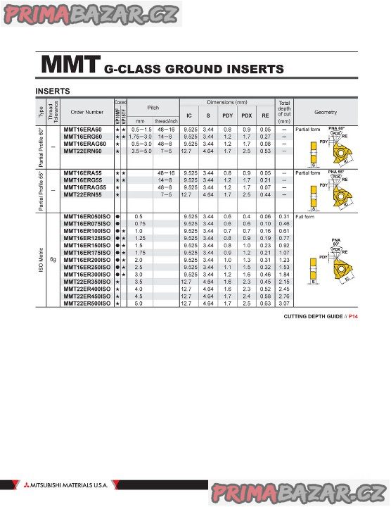 Destička MMT16ERAG60 na řezání vnějších závitů (JAPONSKO)
