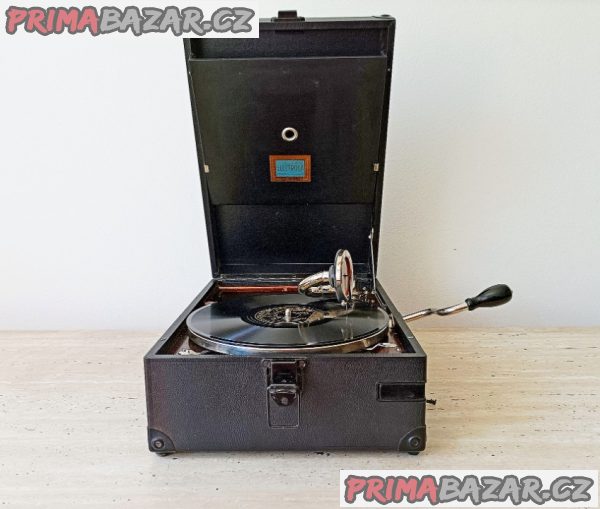 Starožitné gramofony na kličku, šelakové gramodesky, náhradní ocelové gramofonové jehly