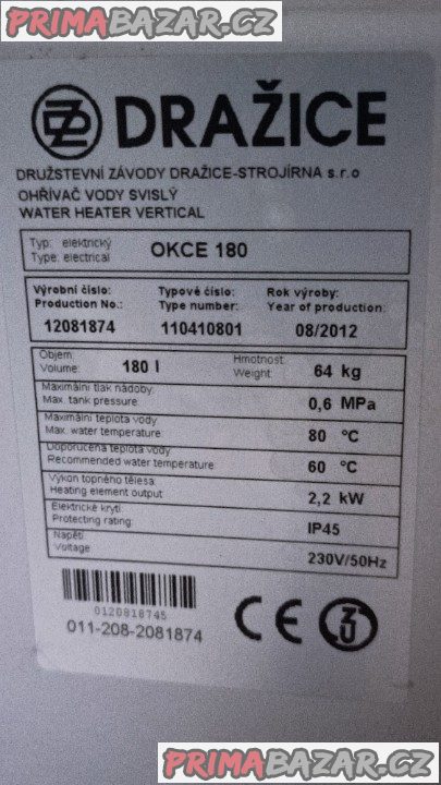Bojler Dražice OKCE 180 Bojler Dražice OKCE 180
