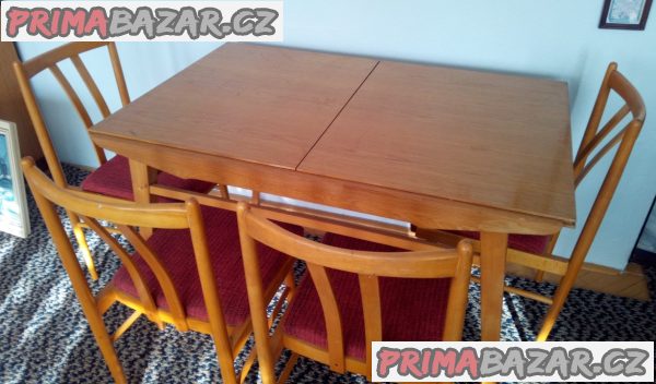 Masivní jídelní stůl+židle - 70. léta retro Masivní jídelní stůl+židle - 70. léta retro