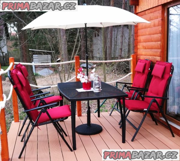 Zahradní nábytek, jídelní kovový set pro 4 osoby s polohovacími skládacími židlemi a lehátkem