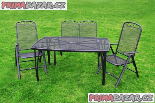 Zahradní nábytek, jídelní kovový set pro 4 osoby s polohovacími skládacími židlemi a lehátkem
